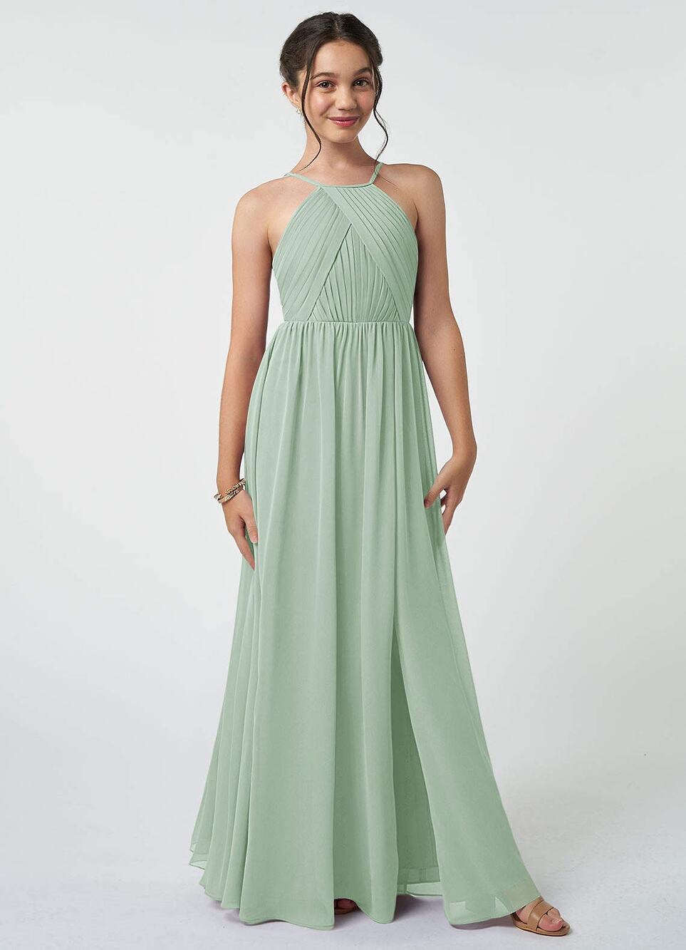 Azazie Light Green Leighton Dress Halter A Line Sz J 14 Junior Bridesmaid